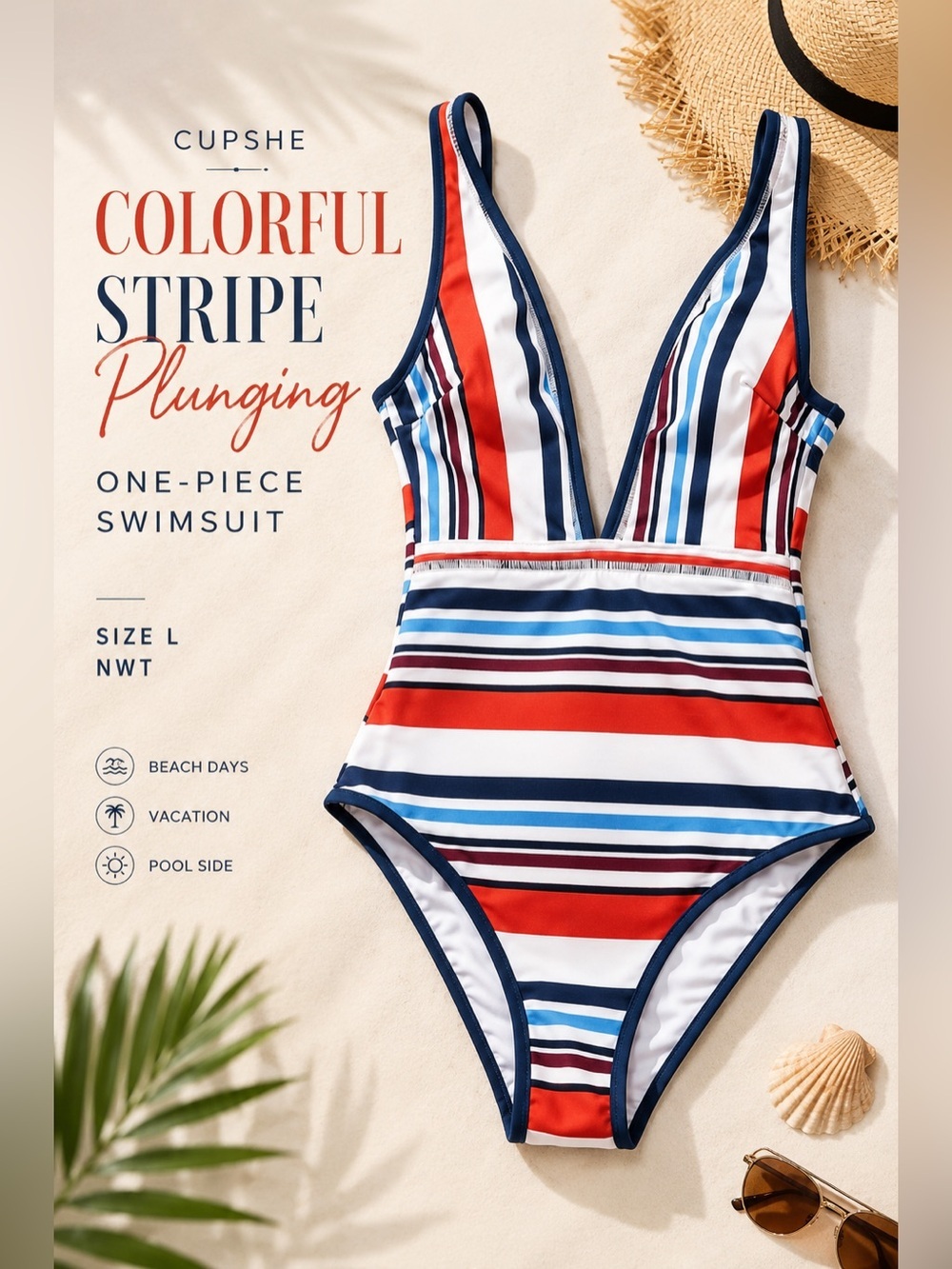 Cupshe Colorful Stripe Plunging One-Piece Swimsuit Size L NWT